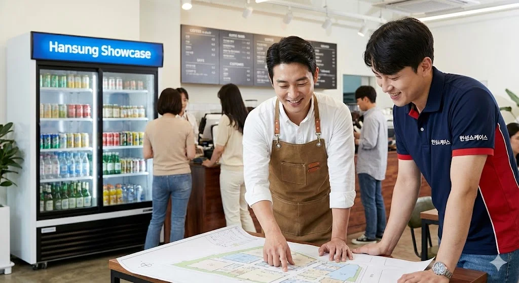 붐비는 매장에서 함께 도면을 보며 웃는 사장님과 한성쇼케이스 직원