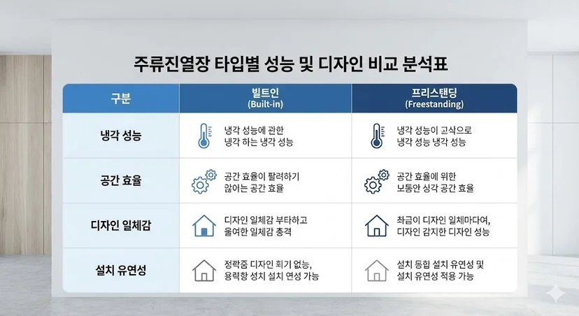 주류진열장 타입별 성능 및 디자인 비교 분석 인포그래픽