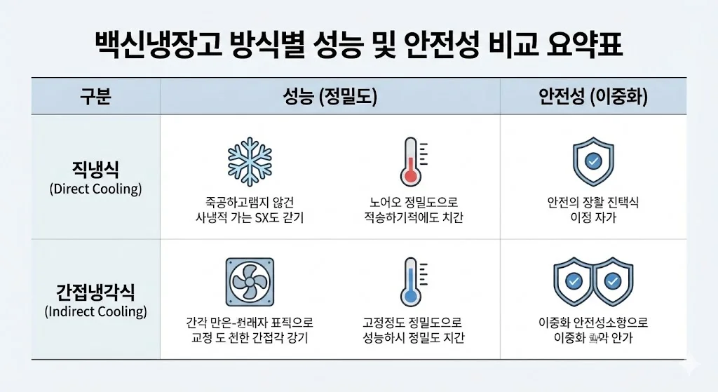 백신냉장고 방식별 성능 및 안전성 비교 인포그래픽
