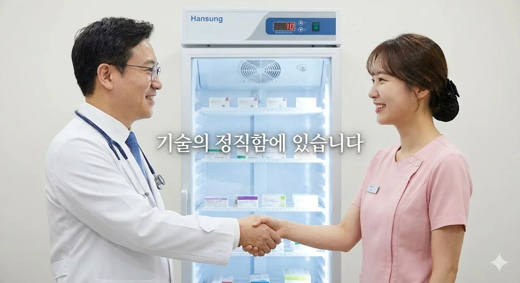 기술의 정직함을 상징하는 의료진의 악수와 한성 백신냉장고