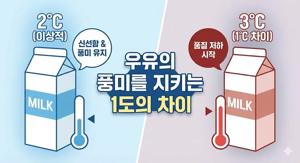 1도의 온도 차이가 우유의 신선함과 풍미에 미치는 영향을 보여주는 그래픽