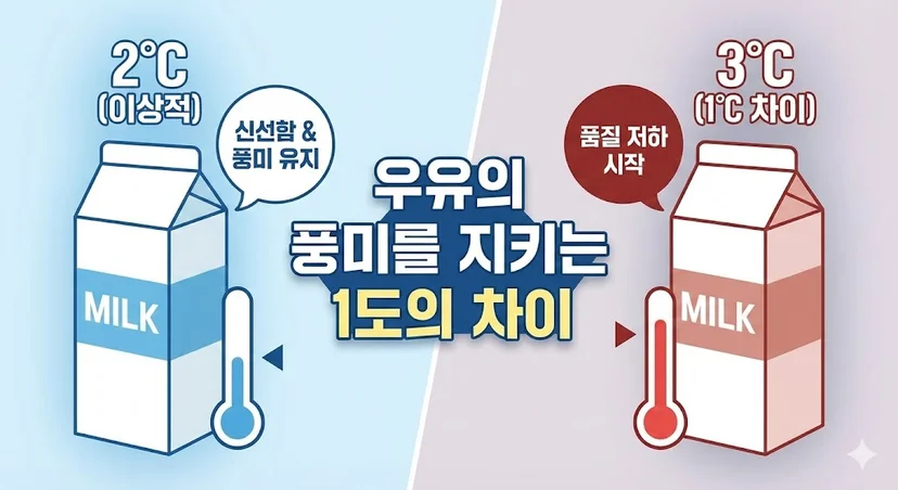 1도의 온도 차이가 우유의 신선함과 풍미에 미치는 영향을 보여주는 그래픽