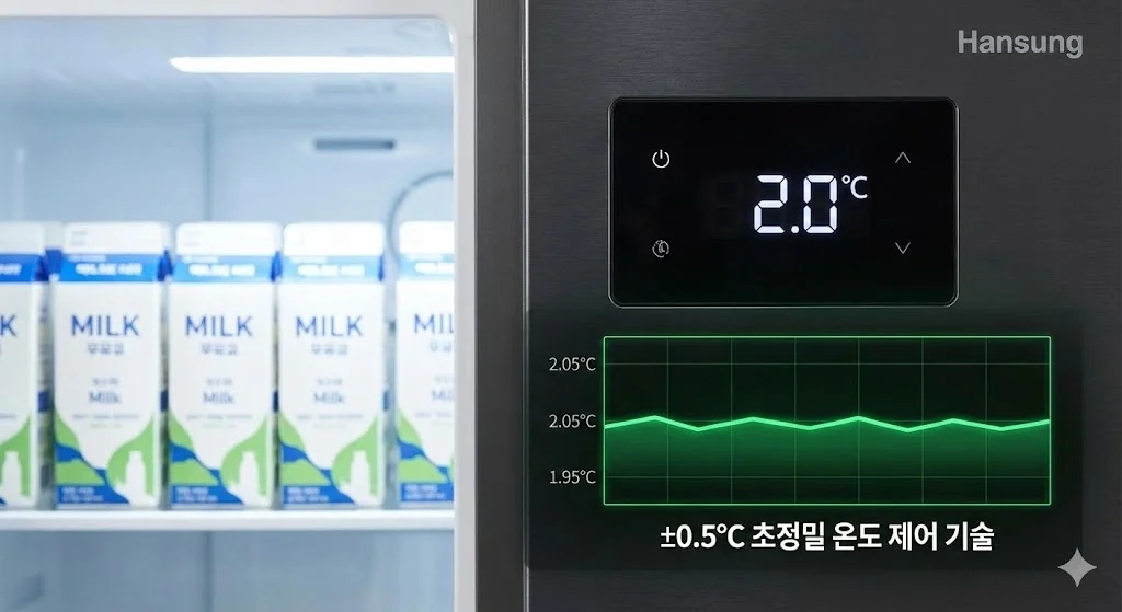 한성 우유 냉장고의 ±0.5°C 초정밀 온도 제어 기술을 보여주는 디스플레이와 그래프