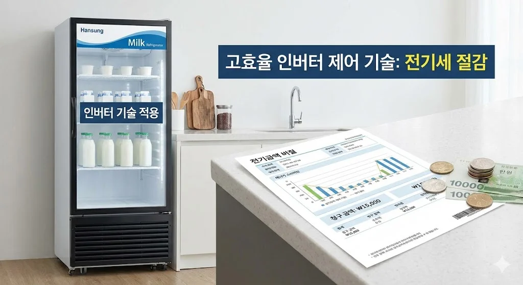 고효율 인버터 제어 기술이 적용된 우유 냉장고와 전기세 절감 효과를 보여주는 고지서