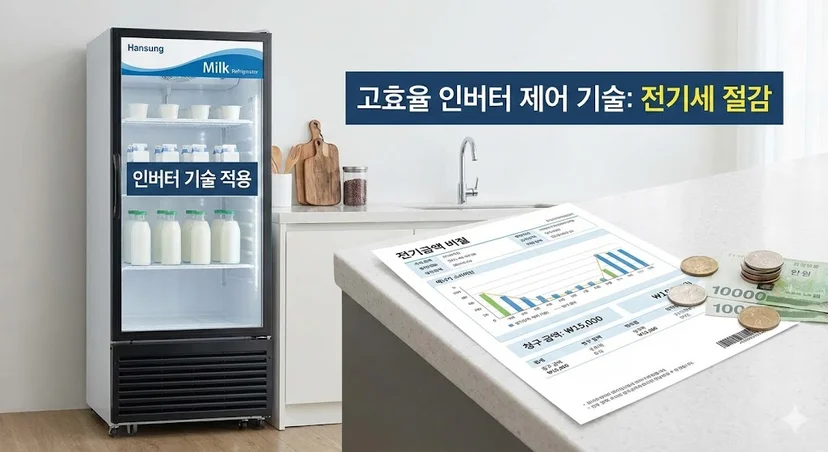 고효율 인버터 제어 기술이 적용된 우유 냉장고와 전기세 절감 효과를 보여주는 고지서