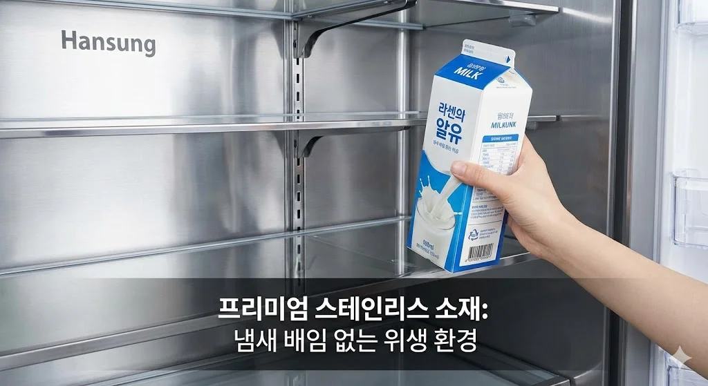 우유 냉장고 내부의 프리미엄 스테인리스 소재를 보여주는 이미지