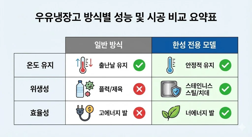 우유 냉장고 방식별 성능 및 시공 비교 요약 인포그래픽