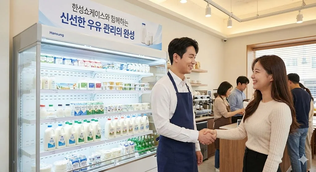한성쇼케이스 우유 냉장고 앞에서 악수하는 매장 사장님과 고객