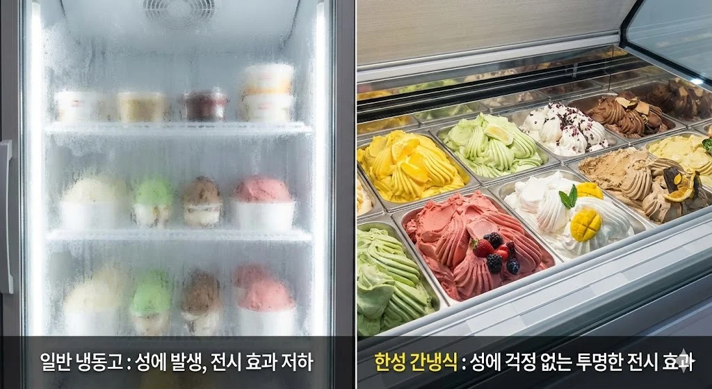 일반 냉동고의 성에 발생과 한성 간냉식 냉동고의 투명한 전시 효과를 비교하는 이미지