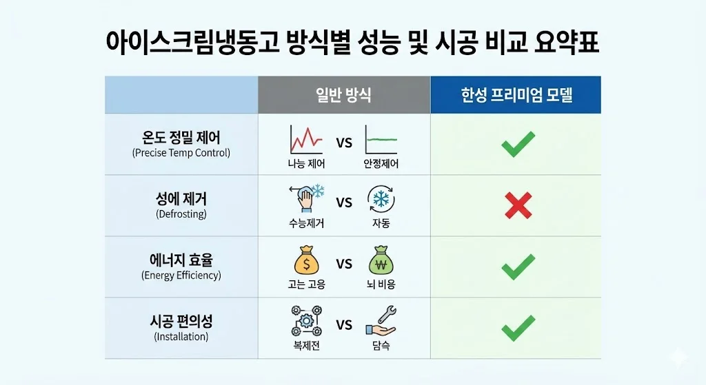 아이스크림 냉동고 방식별 성능 및 시공 비교 인포그래픽