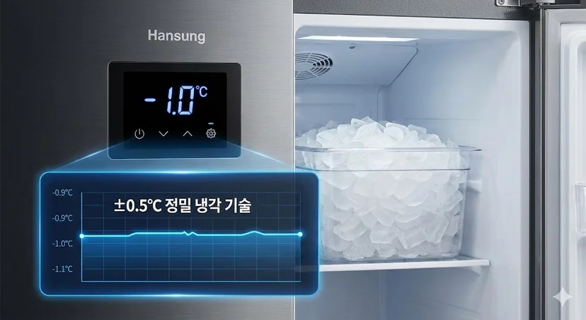 한성 육수냉장고의 정밀 냉각 기술을 보여주는 온도 디스플레이와 그래프