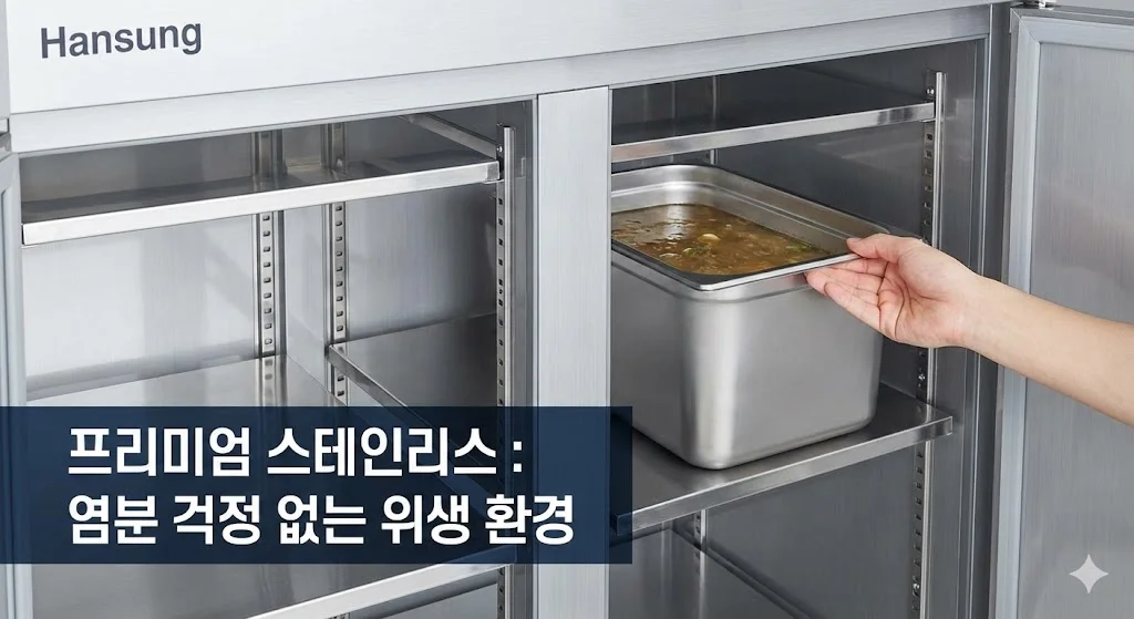 프리미엄 스테인리스 소재로 제작된 한성 육수냉장고 내부와 육수통