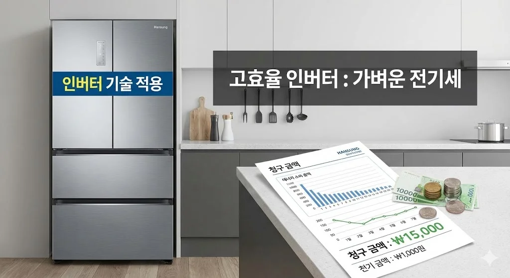 인버터 기술이 적용된 한성 육수냉장고와 전기세 절감 효과를 보여주는 고지서
