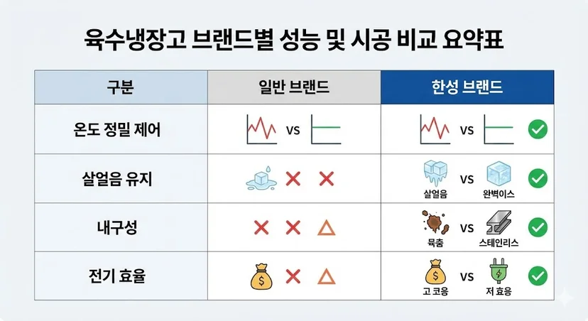 육수냉장고 브랜드별 성능 및 시공 비교 인포그래픽 요약표