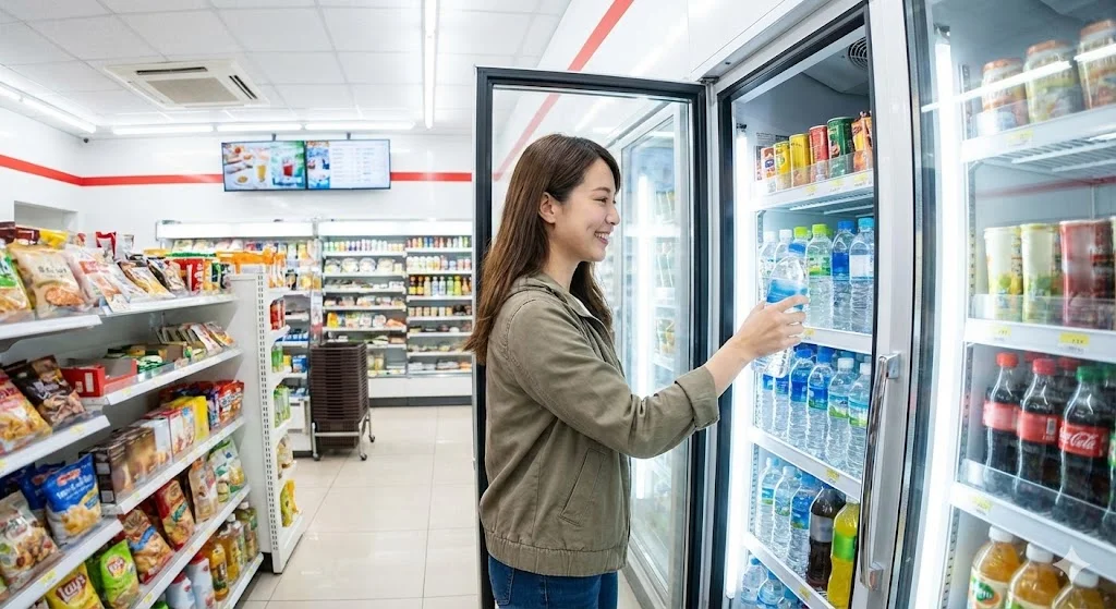 편의점 냉장고에서 시원한 생수를 꺼내는 웃는 손님