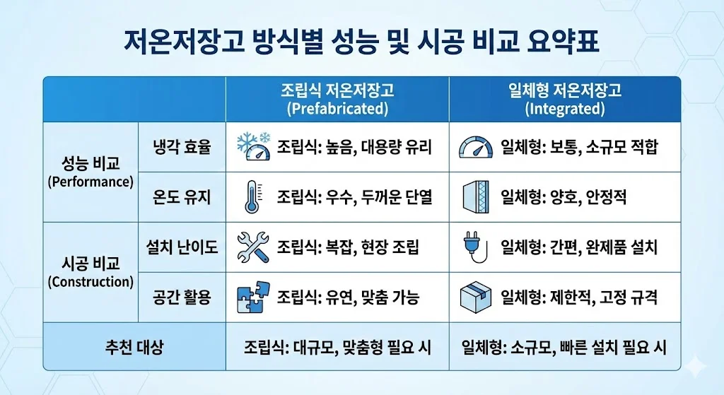 저온저장고 방식별 성능 및 시공 비교 요약표