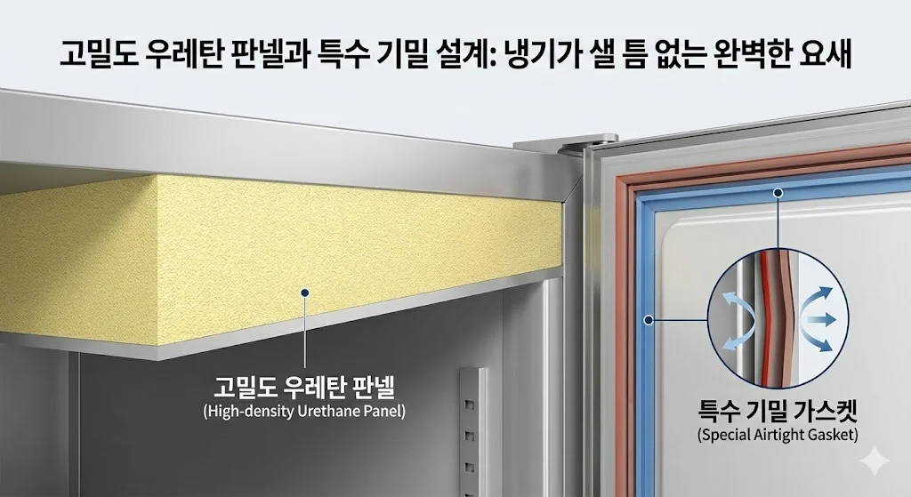 초저온냉장고의 벽체 단면과 문 가스켓을 보여주며 고밀도 우레탄 판넬과 특수 기밀 설계를 설명하는 이미지입니다.