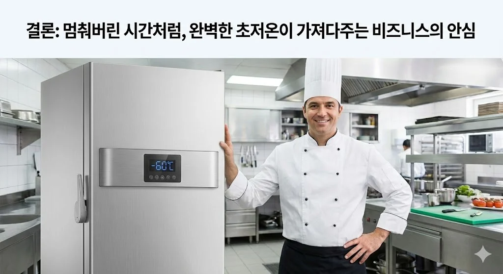 전문 주방에서 한성쇼케이스 초저온냉장고 옆에 자신감 넘치는 셰프가 서 있는 모습으로, 완벽한 초저온이 가져다주는 비즈니스의 안심을 표현한 결론 이미지입니다.