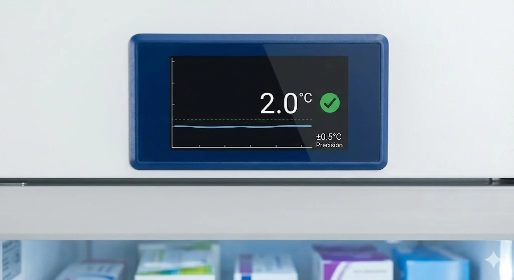 ±0.5°C의 정밀한 온도 제어를 보여주는 냉장고 디스플레이.