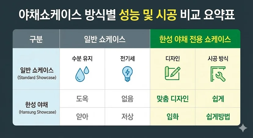 야채쇼케이스 방식별 성능 및 시공 비교 요약표