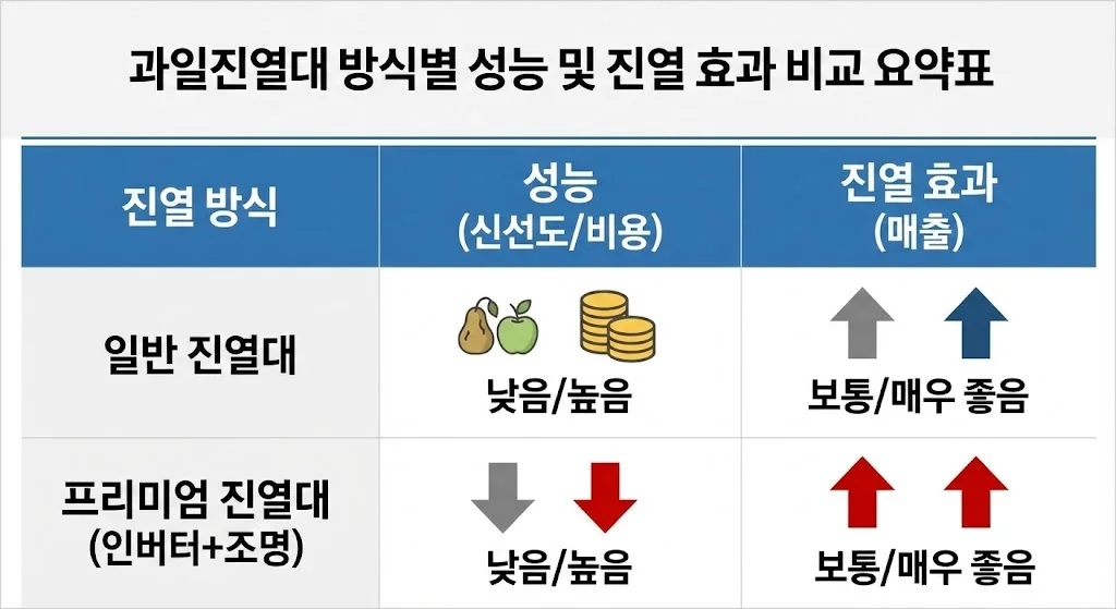 과일진열대 방식별 성능 및 진열 효과 비교 요약표