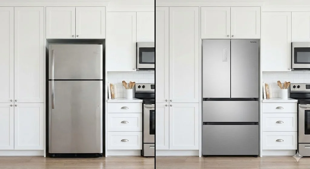 일반 냉장고와 비교하여 공간 활용도가 높은 한성 빌트인 냉장고의 전후 비교 이미지