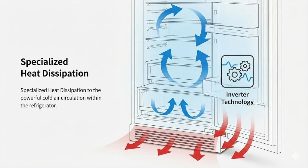 한성 빌트인 냉장고의 인버터 기술과 특화된 방열 설계를 설명하는 기술 도해도