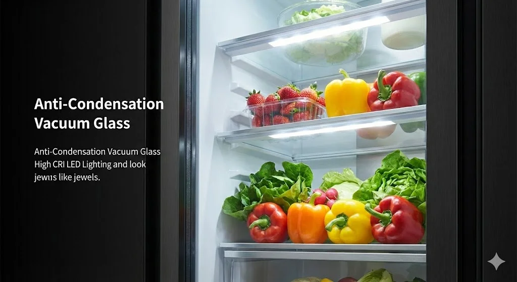 결로 방지 진공 유리와 고연색 LED로 내부 식재료가 선명하게 보이는 냉장고 내부
