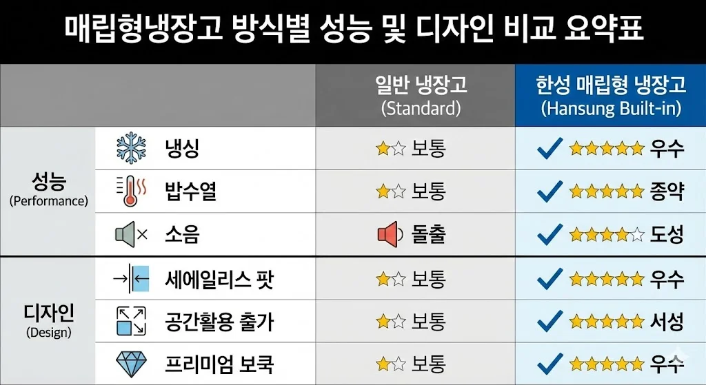 매립형냉장고 방식별 성능 및 디자인 비교 요약표 인포그래픽