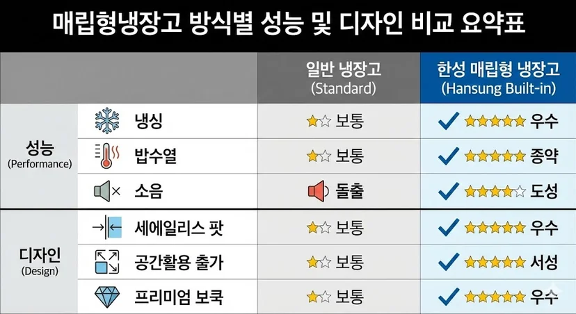 매립형냉장고 방식별 성능 및 디자인 비교 요약표 인포그래픽