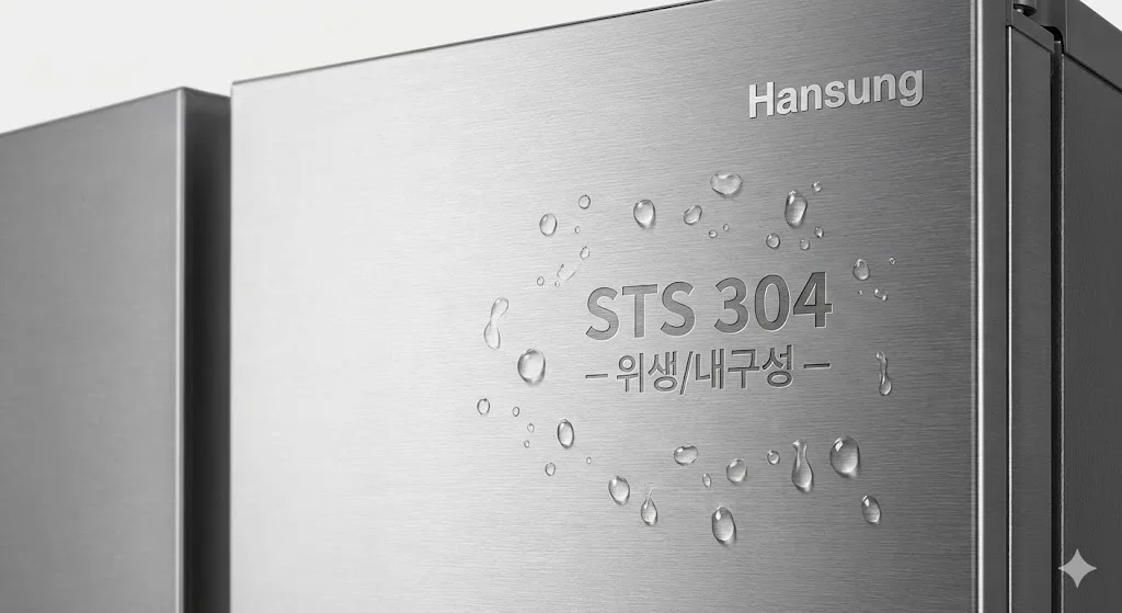 물방울이 맺힌 프리미엄 스테인리스(STS 304) 소재의 한성 냉장고 표면 디테일 컷