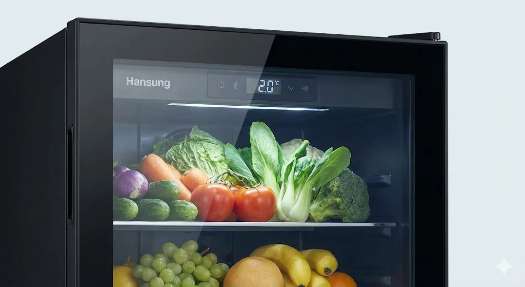 결로 없이 투명한 유리문을 통해 신선한 식재료와 정밀한 온도 표시가 보이는 한성 냉장고