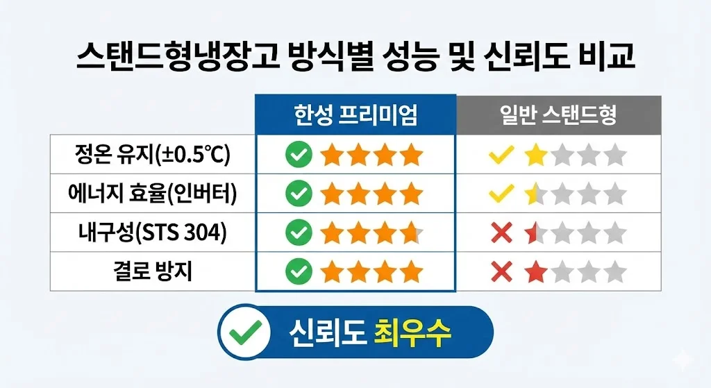 스탠드형 냉장고의 방식별 성능과 신뢰도를 비교 분석한 인포그래픽 표