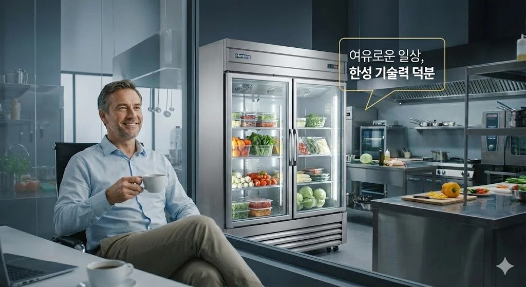한성 스탠드형 냉장고 덕분에 주방 운영에 대한 걱정 없이 여유롭게 커피를 마시는 사장님의 모습