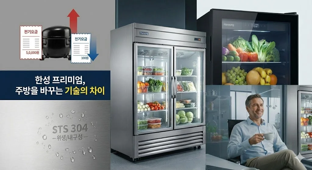 인버터 기술, STS 304 소재, 정온 유지 등 한성 프리미엄 냉장고의 핵심 기술과 혜택을 종합적으로 보여주는 이미지