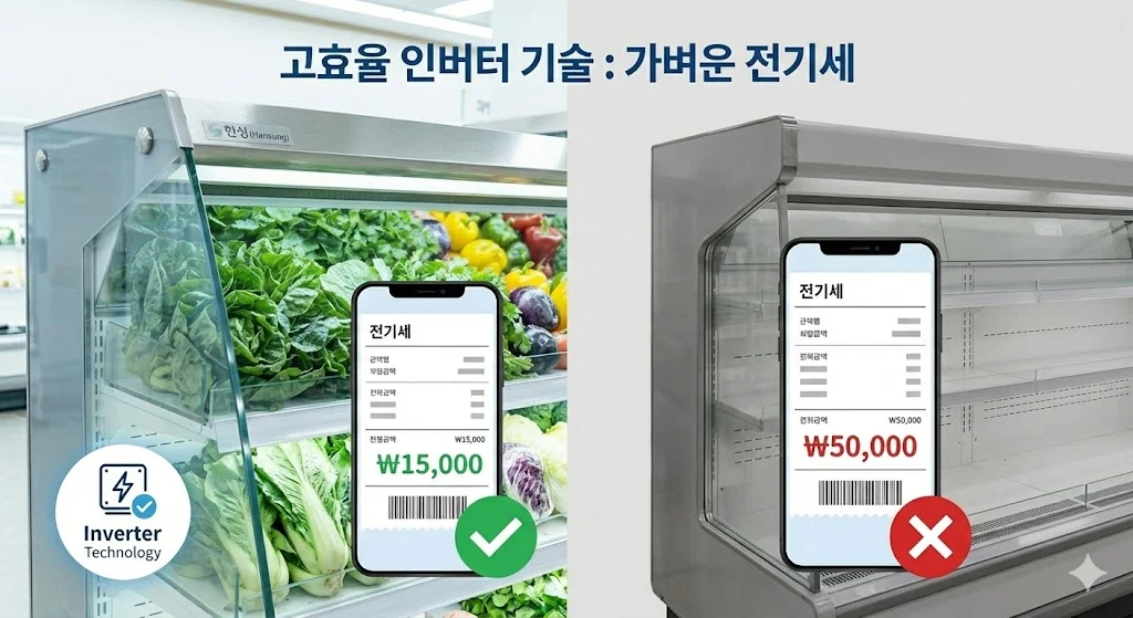 고효율 인버터 기술로 인한 전기세 절감 효과를 비교하는 이미지