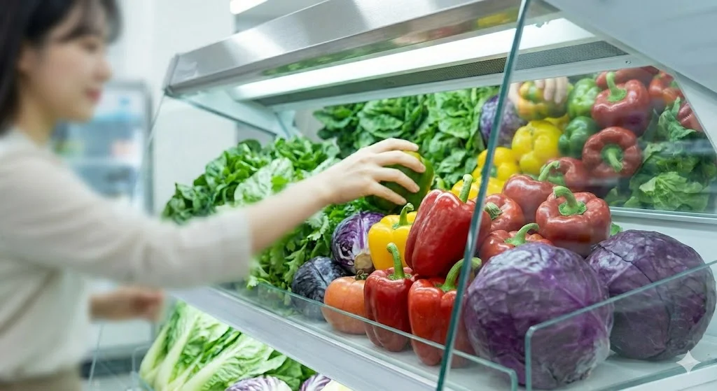 선명한 조명과 투명한 유리로 채소가 돋보이는 쇼케이스 이미지