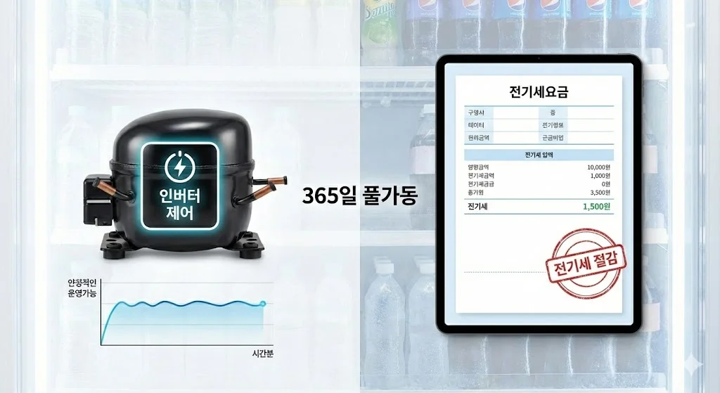 인버터 컴프레서와 전기 요금 고지서를 통해 에너지 절감 효과를 보여주는 인포그래픽