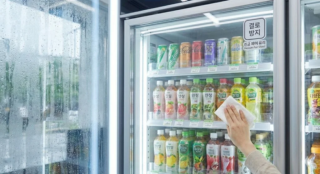 습한 날씨에도 결로 없이 투명한 한성 냉장고의 진공 페어 유리를 보여주는 이미지