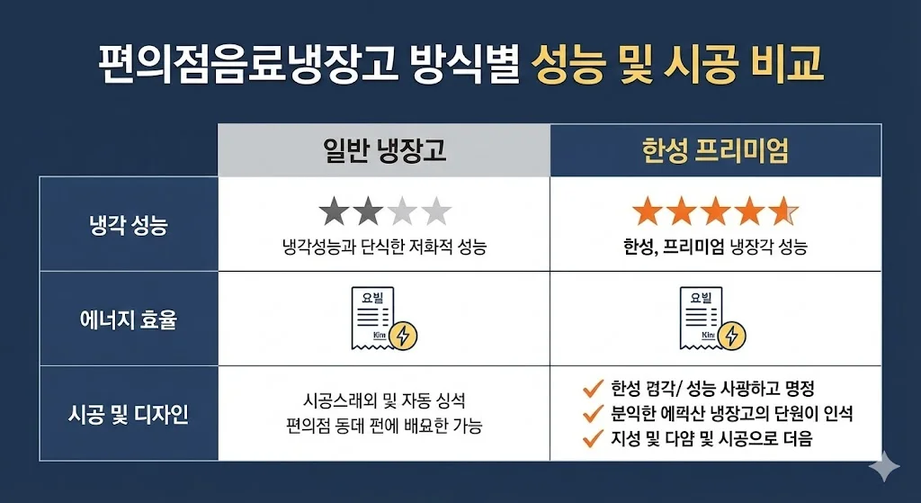 일반 냉장고와 한성 프리미엄 냉장고의 성능 및 시공 비교표