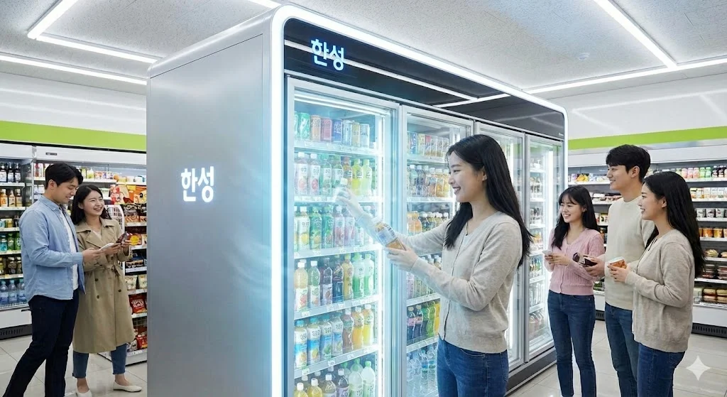 편의점 고객이 한성 냉장고에서 시원한 음료를 꺼내는 행복한 모습