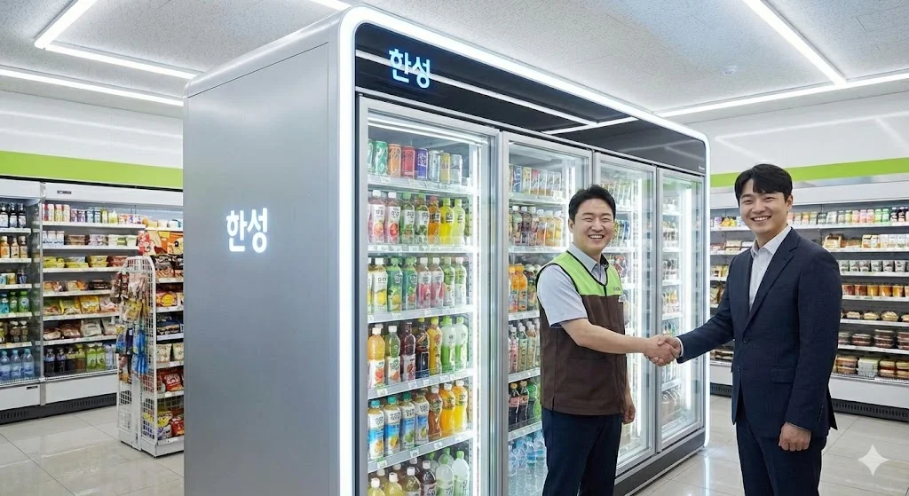 편의점 점주와 한성 쇼케이스 담당자가 성공적인 파트너십을 기념하며 악수하는 모습