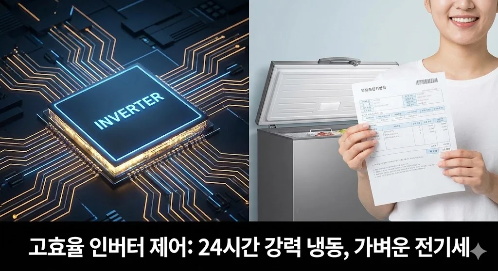 고효율 인버터 제어와 가벼운 전기세 고지서를 비교하는 이미지