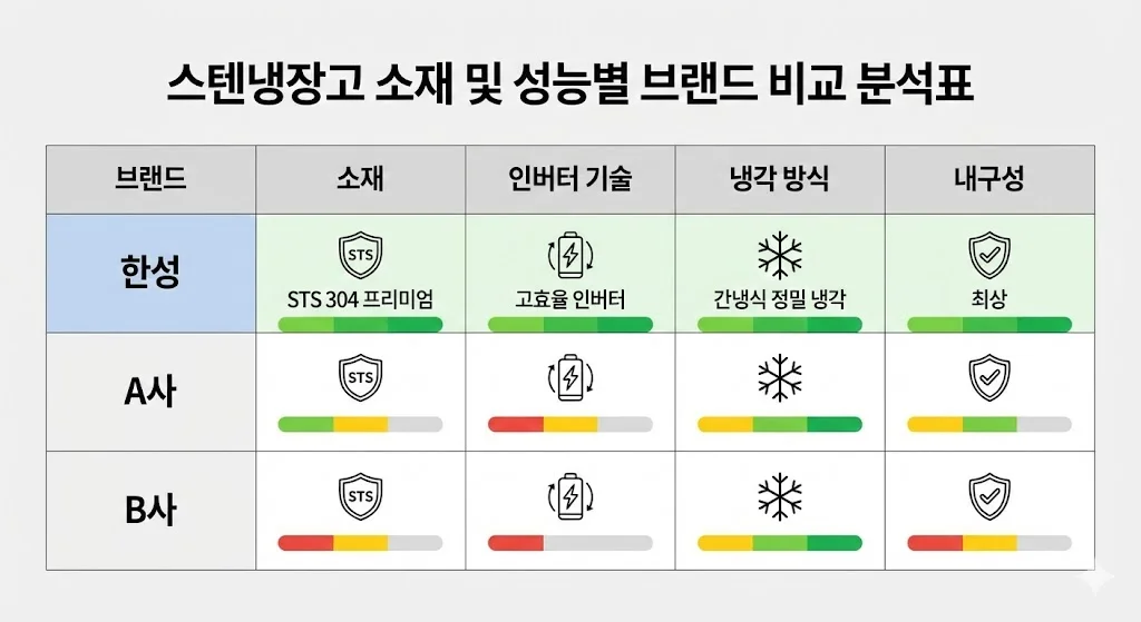 스텐냉장고 소재 및 성능별 브랜드 비교 분석표
