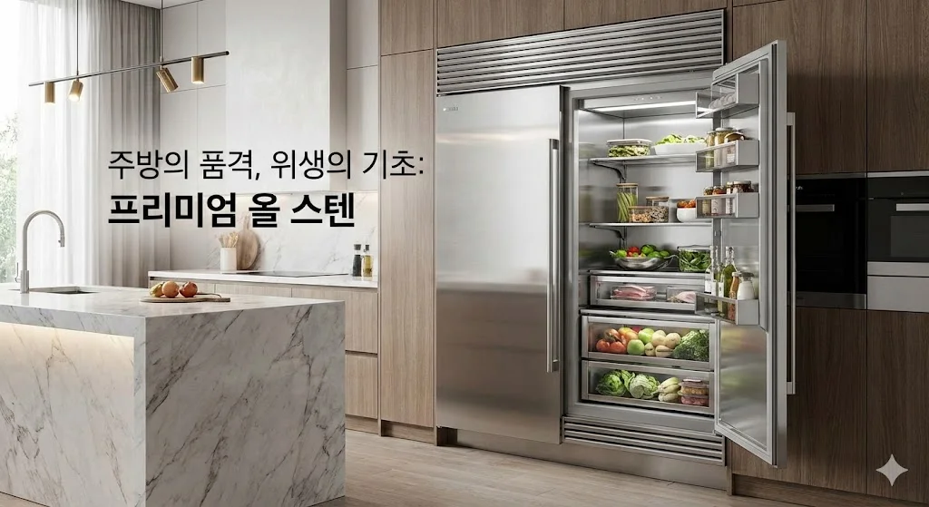 현대적인 주방 인테리어에 배치된 프리미엄 올 스테인리스 냉장고 이미지