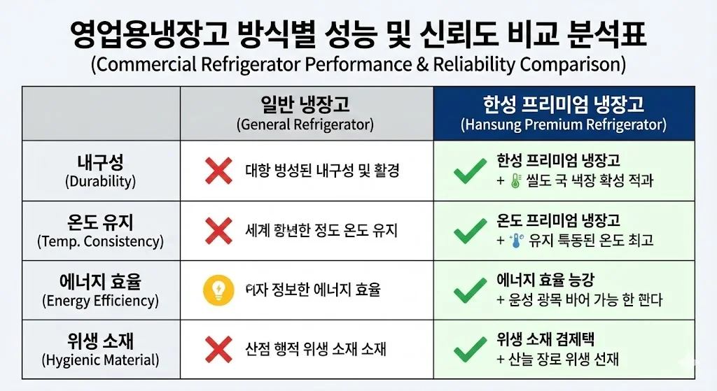 영업용냉장고 방식별 성능 및 신뢰도 비교 분석표