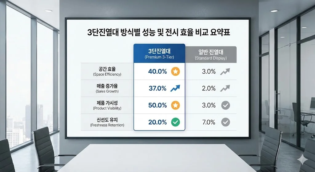 3단진열대 방식별 성능 및 전시 효율 비교 요약표