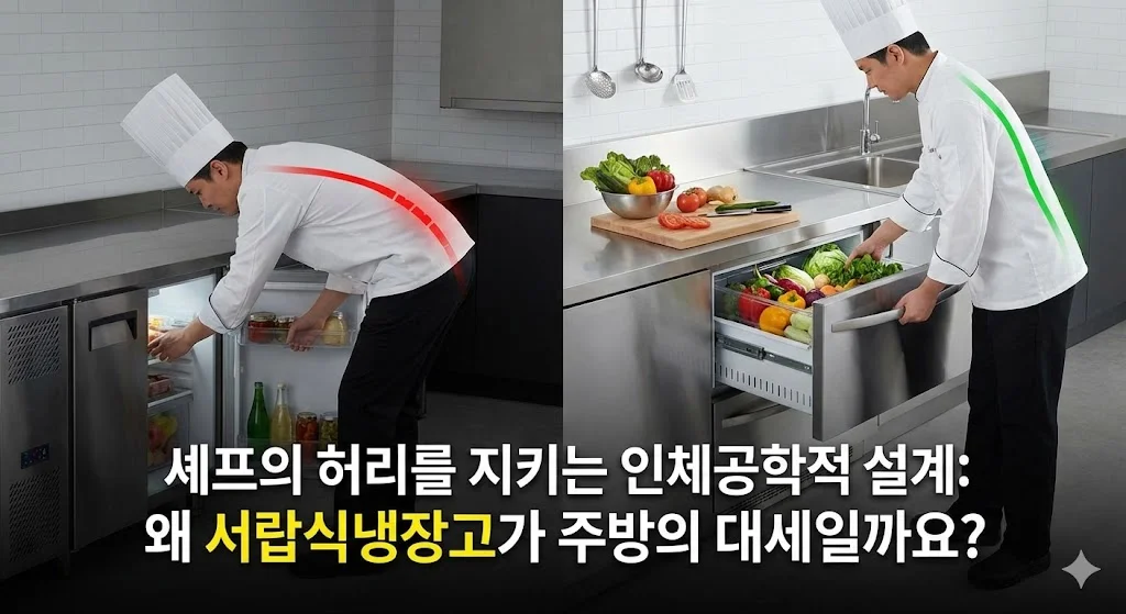 일반 냉장고와 서랍식 냉장고 사용 시 허리 각도 및 자세 비교 이미지