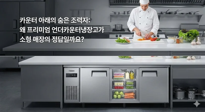 카운터 아래 데드 스페이스 없이 깔끔하게 빌트인된 소형 매장용 보조 냉장고