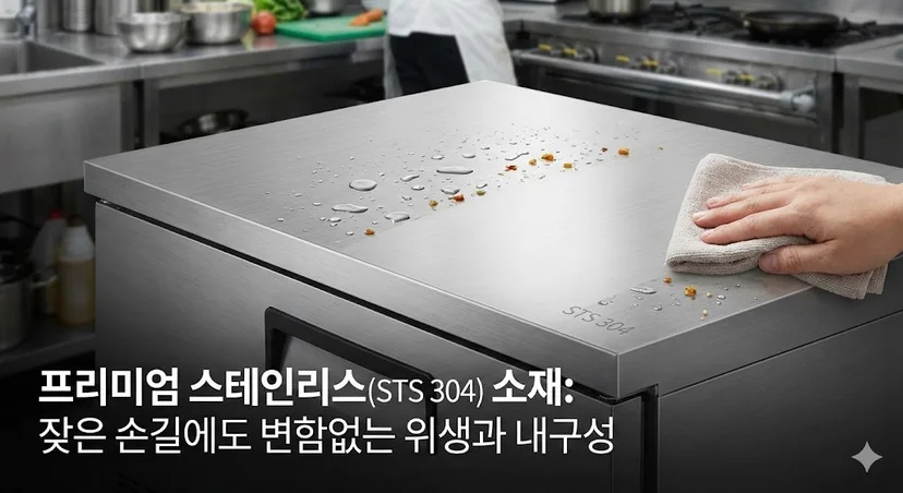 잦은 마찰에도 끄떡없는 프리미엄 STS 304 스테인리스 소재 상판과 위생적인 관리 모습
